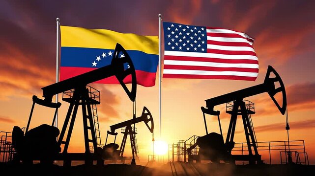 Sanctions and embargo on Venezuelan gas and oil with silhouettes of pumps against Venezuelan and United States flags representing crude production imports exports energy conflict