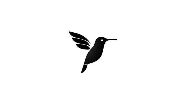 A clean black silhouette of a hummingbird in mid flight designed as a minimalist icon or logo presented starkly against a white background