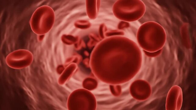 Red blood cells flowing through a vein or artery in the body