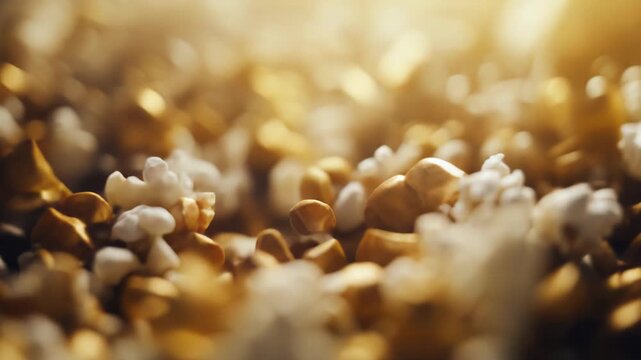 Freshly popped and unpopped popcorn kernels creating a delicious textured background with warm golden light, symbolizing entertainment, snacks, and a cozy cinema experience
