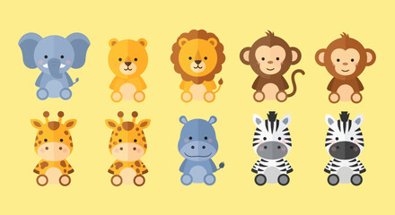 Fototapeta premium Set of cartoon animals including elephant, lion, monkey, giraffe, and zebra.