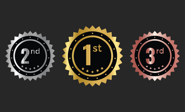 1st, 2nd, 3rd awards medal badge. Success and honor signs. Top three finishers symbols. Gold silver and bronze winner symbols
