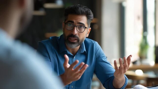 business meeting in a modern office or cafe, medium shot of a professional man with dark hair and beard wearing eyeglasses and a blue shirt, speaking confidently and gesturing with 4K