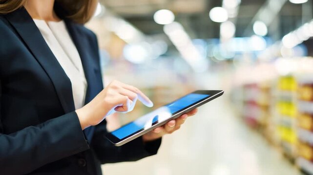 business woman in dark blazer using a tablet computer in a modern retail store or warehouse aisle, close-up of hands operating touchscreen, professional posture, background wit 4K