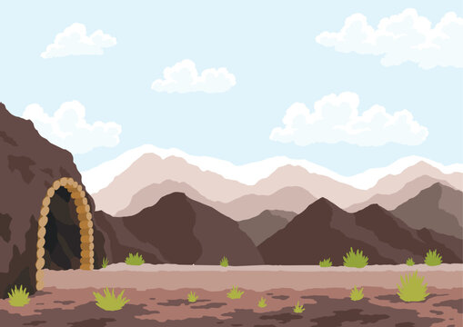 Landscape with mine quarry tunnel against the backdrop of mountains