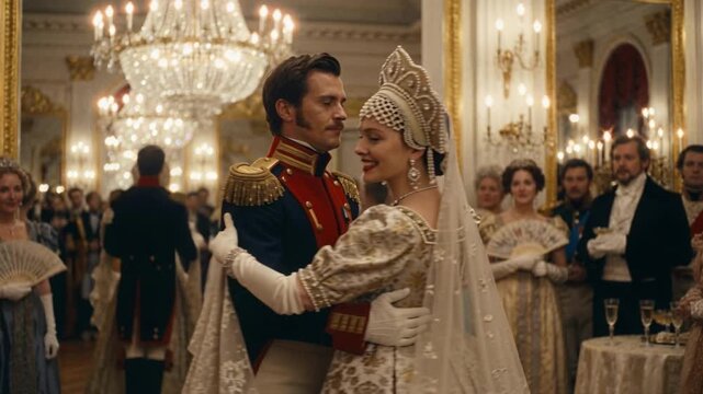 Man in military uniform and woman in traditional kokoshnik dancing in a grand ballroom. Historical waltz at an imperial gala. Period drama scene with opulent chandeliers and mirrors