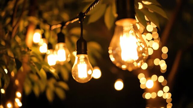 Warm glowing string lights hanging outdoors at night