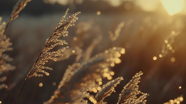 Tall feathery reeds swaying gently in a field, bathed in the warm, soft golden light of a sunset, creating sparkling bokeh and a peaceful, natural atmosphere