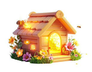Whimsical wooden dwelling with glowing honeycomb interior, bees, and flowers