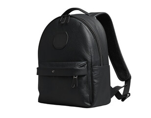 Black textured leather backpack with subtle front pocket and circular emblem