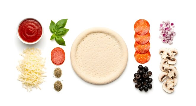 A clean, minimalist top-down view of organized pizza ingredients on a white background. Ideal for cooking tutorials, recipe blogs, and meal preparation concepts.