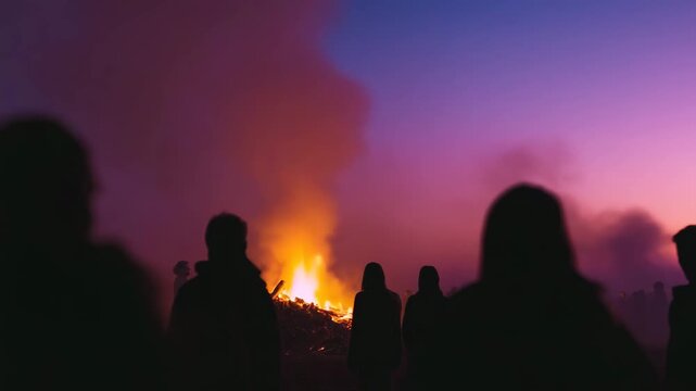 faceless cremation ceremony at dusk, silhouettes of people against amber and violet sky, glowing fire at center, smoke blending 4K