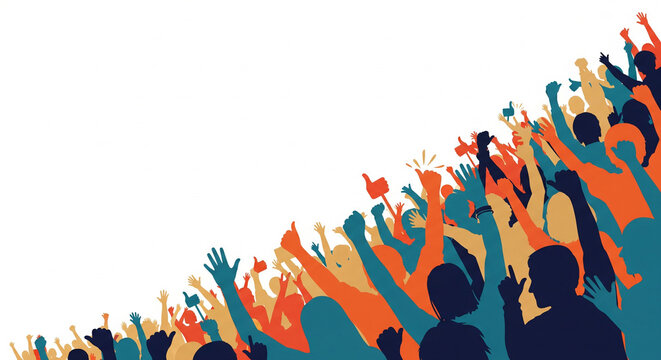 Energetic crowd silhouette with vibrant colors and raised hands in a dynamic composition