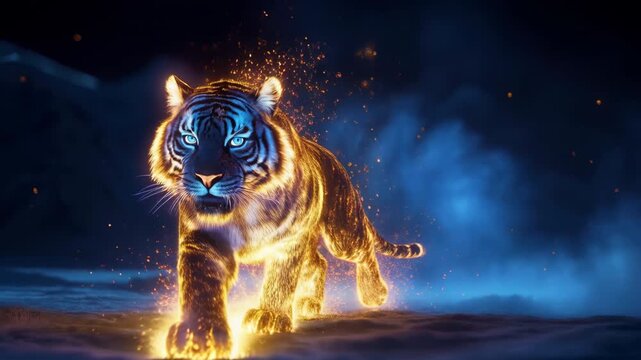 Glowing tiger made of golden embers prowls through blue night fog toward camera in cinematic slow motion