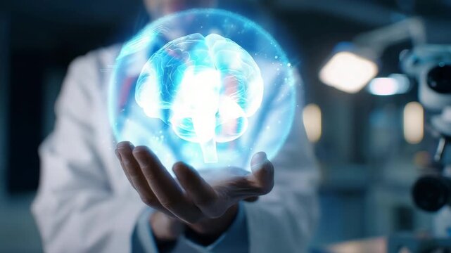 doctor:scientist in a laboratory interacting with a digital AR overlay of a brain interface, practical lab lighting, authentic atmosphere  4K