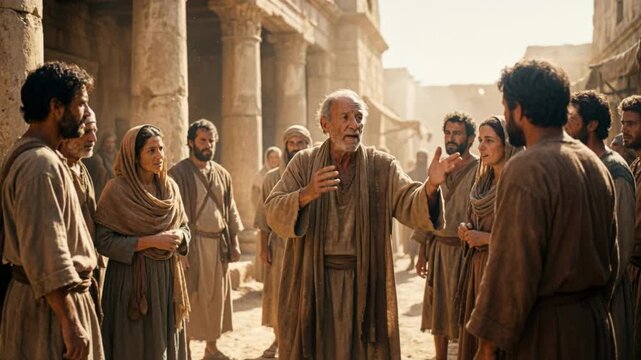 Elderly man speaking to a crowd in an ancient city street. Historical figure gesturing and storytelling among stone pillars. Biblical era community gathering concept