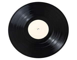 Black vinyl record with a blank white label, isolated on black