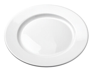 A clean, white, ceramic dinner plate with a raised rim and circular depression