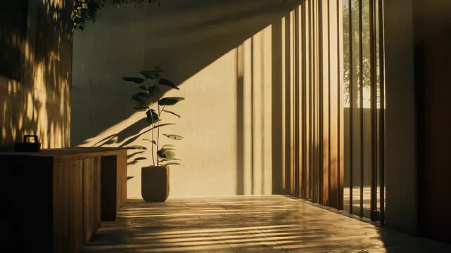 Natural light filtering through vertical wooden blinds illuminating a minimalist hallway. Creating warm striped patterns and deep shadows on the wall and floor around a potted plant and console table