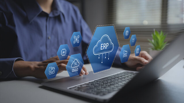 Cloud ERP solution supporting scalable, flexible and real-time enterprise management. Professional controlling workflows and performance using a laptop and cloud interface.