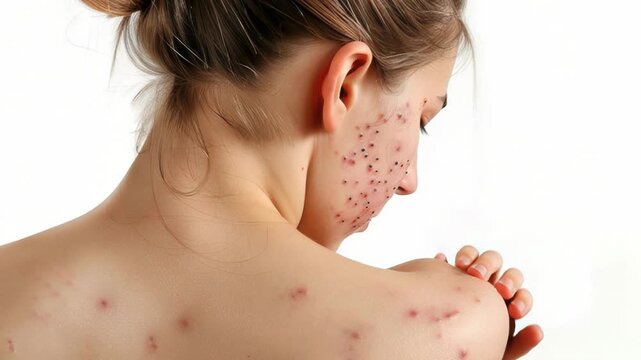 Video A woman's back covered in red spots, possibly related to skin condition or medical treatment