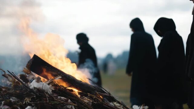 faceless mourners slowly dispersing after ritual, pyre still burning softly, sense of transition and closure, wide   (1)