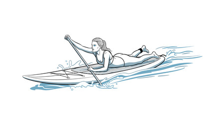 Athletic woman lying on a paddleboard and using an oar to navigate through the sea water on a bright sunny day.