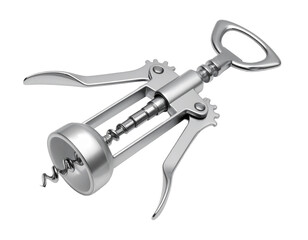 Shiny metal corkscrew with two levers for opening wine bottles