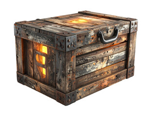 Aged wooden crate with glowing interior, metal accents, handle