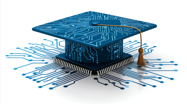 Illustration of a graduation cap integrated with a circuit board pattern, AI Certification concept, digital credentials, sleek and professional, white background, with copy space