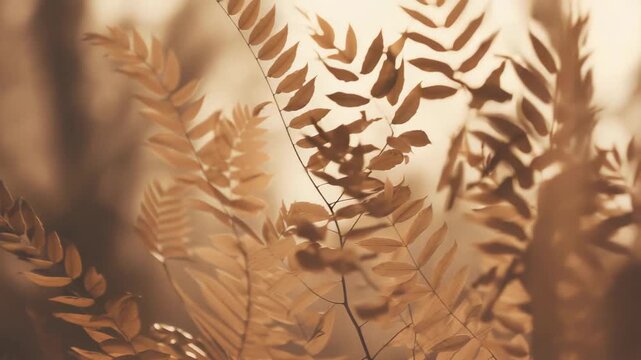 Delicate fern like leaves creating an abstract organic pattern against a soft, sun drenched backdrop, capturing the serene beauty and warm hues of a peaceful natural environment