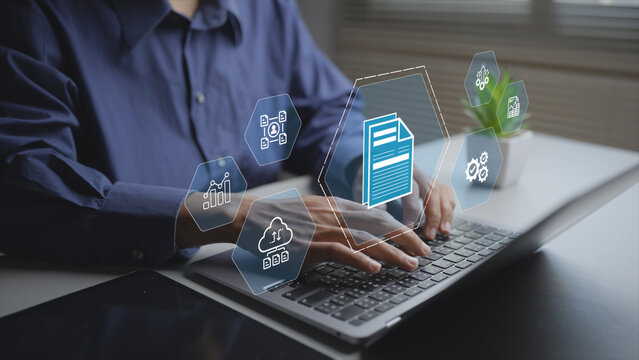Digital ERP system with virtual icons for finance, inventory and analytics. Business professional controlling workflows, data integration and performance via an online platform.