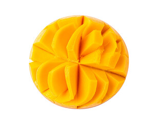 Freshly cut, vibrant orange tropical fruit with cubed flesh, presented whole