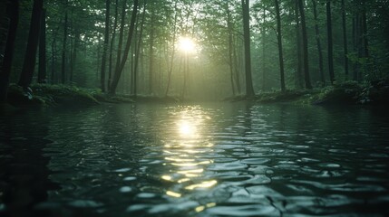 Obraz premium Serene Forest Scene with Reflective Water and Sunlight