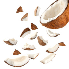 Coconut pieces flying isolated on transparent background