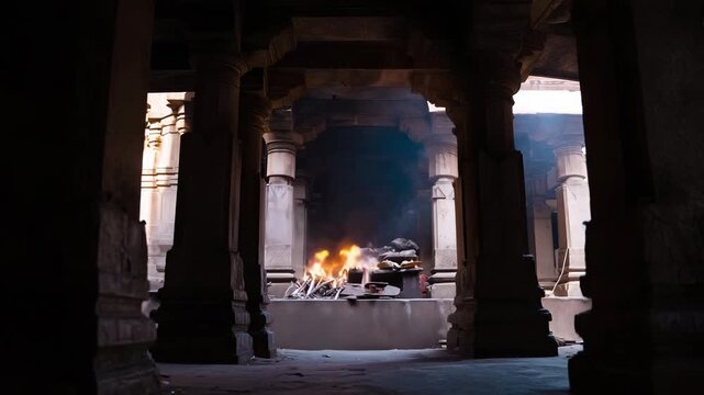 Hindu funeral, pyre ceremony, hyper realistic, high quality, faceless, architectural elements, ghat, stone pillars, depth, fire, cinematic, documentary, cultural  4K