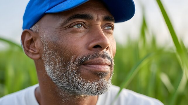 A contemplative senior farmer seen in a close up wears a blue baseball cap and has a grey beard  His gaze is directed upwards and away amidst the lush green crops of an outdoor field