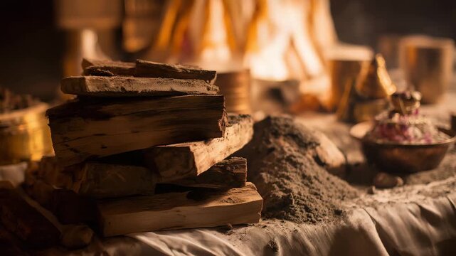 Hindu funeral, ritual, hyper realistic, high quality, faceless, stacked wood logs, ritual objects, pyre, glowing, textured details, wood, cloth, ash, earthy, warm color, harmony, ceremony 4K