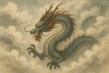 Fototapeta premium Majestic dragon amidst swirling clouds.