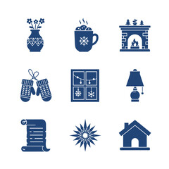 Flat duotone graphics feature nine cozy winter icons including hot cocoa, fireplace, and knitted mittens rendered in a Sapphire and Electric Blue palette on a white background