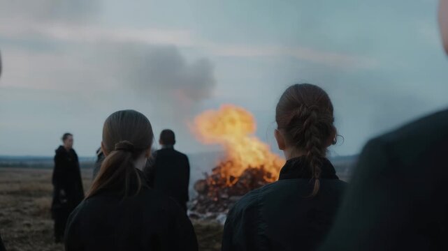 Hyper realistic, high quality, faceless mourners, cremation, wide open space, emotional restraint, minimal composition, subdued color grading, somber atmosphere 4K