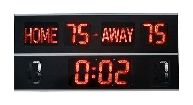 Tied game scoreboard showing home and away teams at 75 points each