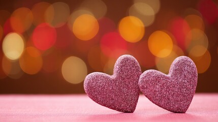 Fototapeta premium Two red hearts on a pink sparkling background, with soft bokeh lighting, romantic decorative design elements, perfect for Valentine's Day celebration