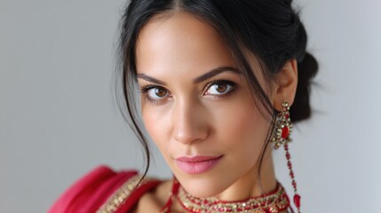 Portrait of a beautiful Indian woman with expressive eyes, wearing bright makeup and ethnic attire 
