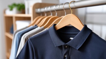 Polo shirt mockup on wooden hanger in modern wardrobe interior, lifestyle clothing branding scene 
