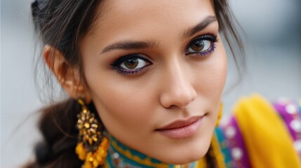 Portrait of a beautiful Indian woman with expressive eyes, wearing bright makeup and ethnic attire 
