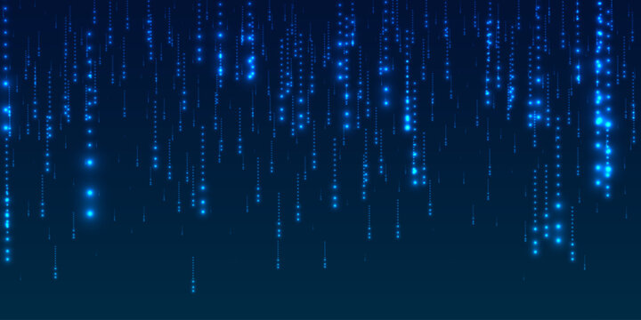 Blue data rain effect with glowing digital streams and sparkling light particles creating a futuristic tech background with flowing vertical lines and matrix-style data patterns