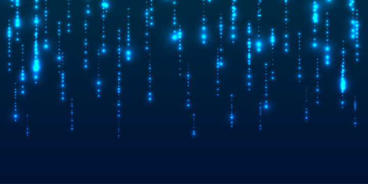 Digital data streams cascade like blue rain, creating a glowing matrix effect with sparkling particles against dark tech background for modern wallpaper design.