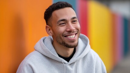 Portrait of a happy biracial man in a hoodie laughing in front of a vibrant, colorful background 