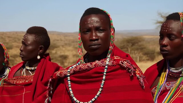 A group of African men wearing traditional red clothing and jewelry in a desert landscape on transparent background video